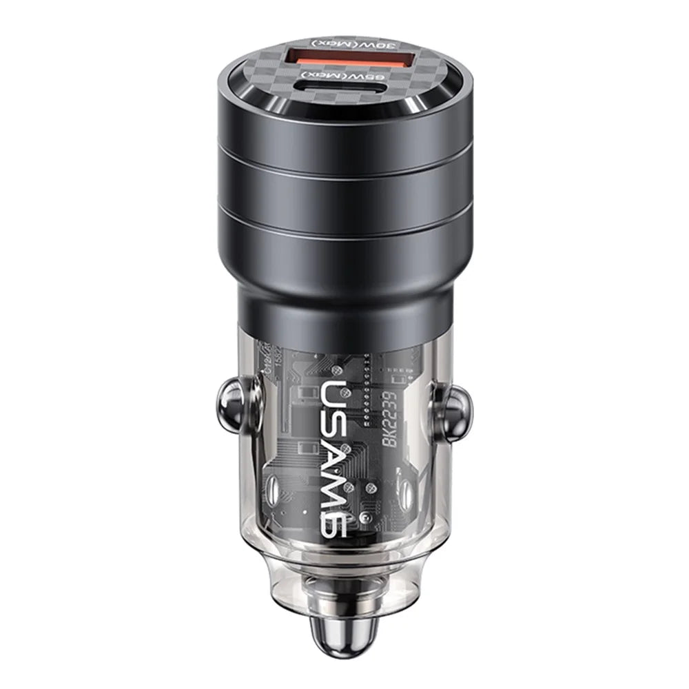 USAMS US-CC176 C36 95W USB-A+USB-C Car Charger Transparent Mini Fast Car Charger with Light - Black - 1