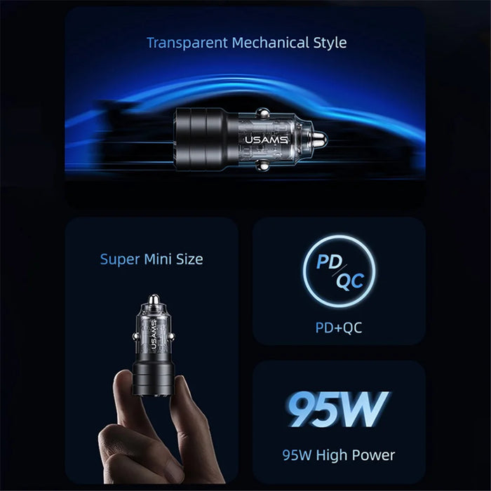 USAMS US-CC176 C36 95W USB-A+USB-C Car Charger Transparent Mini Fast Car Charger with Light - Black - 4