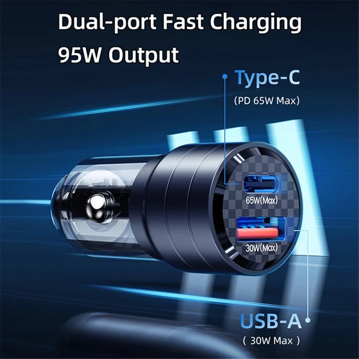 USAMS US-CC176 C36 95W USB-A+USB-C Car Charger Transparent Mini Fast Car Charger with Light - Black - 5