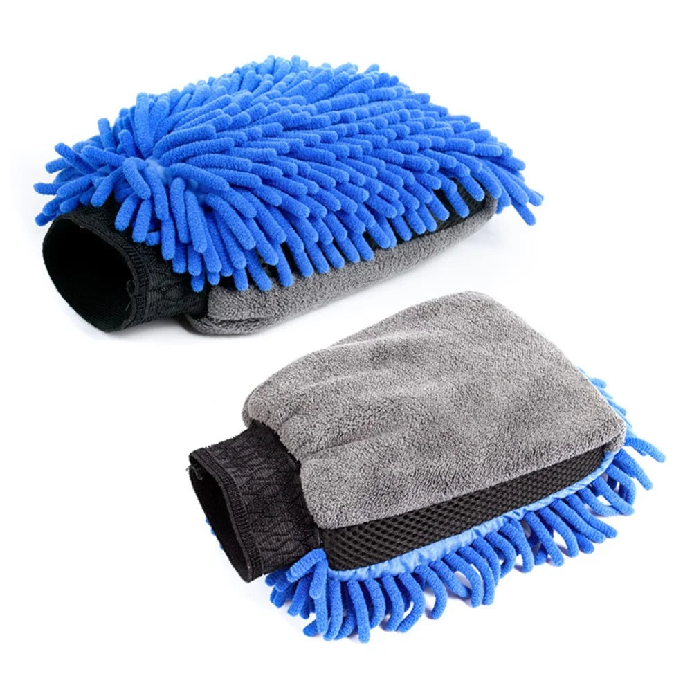 2PCS Chenille Car Wiping Gloves Double-Sided Coral Fleece Housework Dust Wool Bear Paw Car Cleaning Tool - Blue - 1