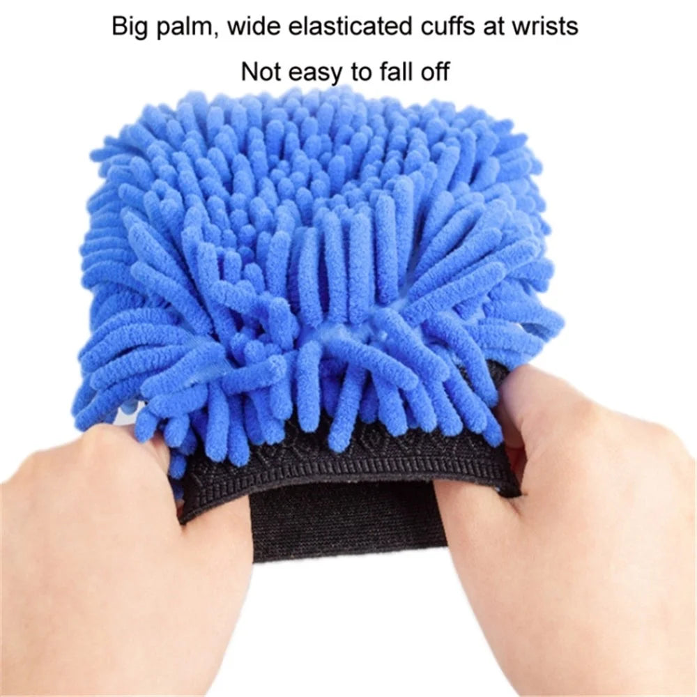 2PCS Chenille Car Wiping Gloves Double-Sided Coral Fleece Housework Dust Wool Bear Paw Car Cleaning Tool - Blue - 2