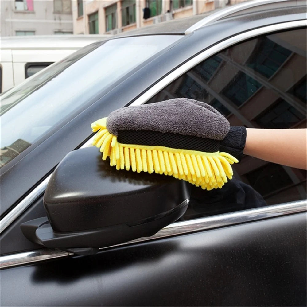 2PCS Chenille Car Wiping Gloves Double-Sided Coral Fleece Housework Dust Wool Bear Paw Car Cleaning Tool - Blue - 7