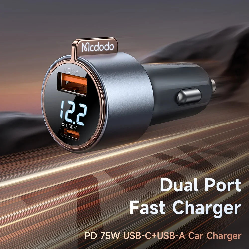 MCDODO CC-3690 USB-A + Type-C Dual Ports PD 75W Fast Car Charger with Digital Display, Black - 2