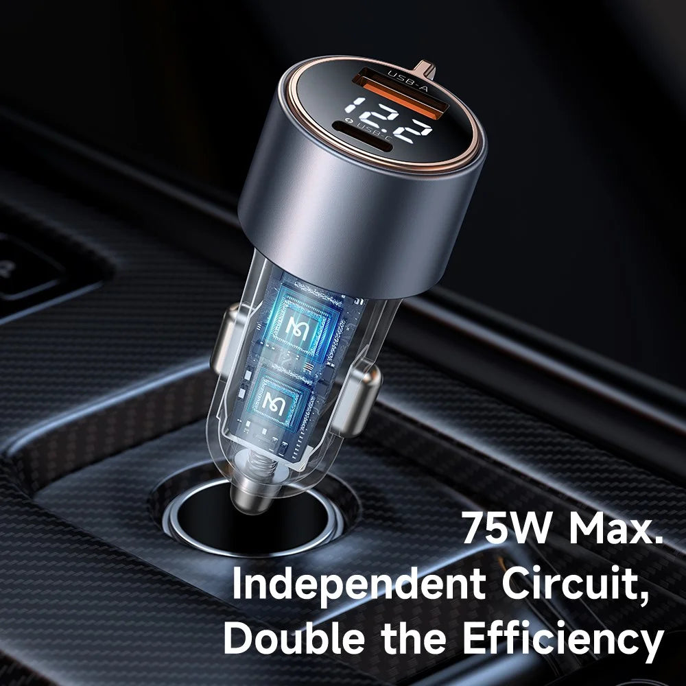 MCDODO CC-3690 USB-A + Type-C Dual Ports PD 75W Fast Car Charger with Digital Display, Black - 3