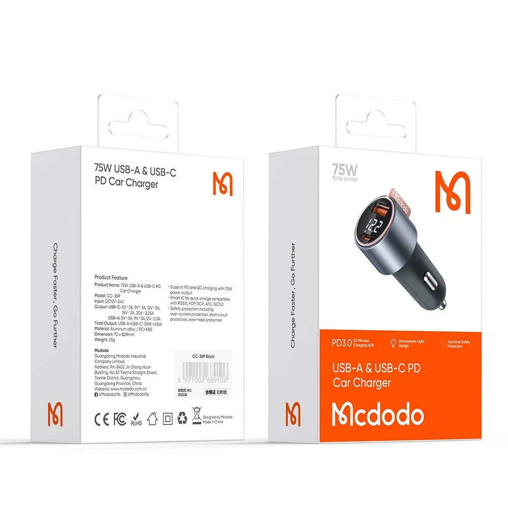 MCDODO CC-3690 USB-A + Type-C Dual Ports PD 75W Fast Car Charger with Digital Display, Black - 7