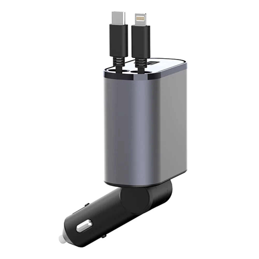 PT16 66W Phone Charging Adapter USB + Type-C Port Car Charger with Type-C and 8-Pin Retractable Cable - 1