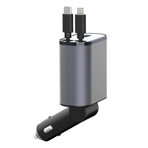 PT16 66W Phone Charging Adapter USB + Type-C Port Car Charger with Type-C and 8-Pin Retractable Cable - 1