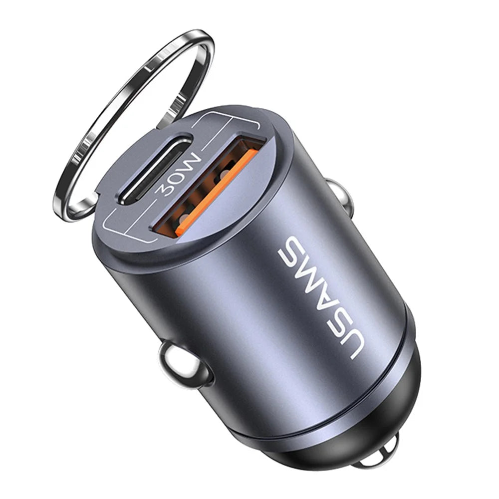 USAMS US-CC206 C38 PD 30W USB A+C Fast Charging Aluminum Alloy Car Charger with Pull Ring - Dark Grey - 1