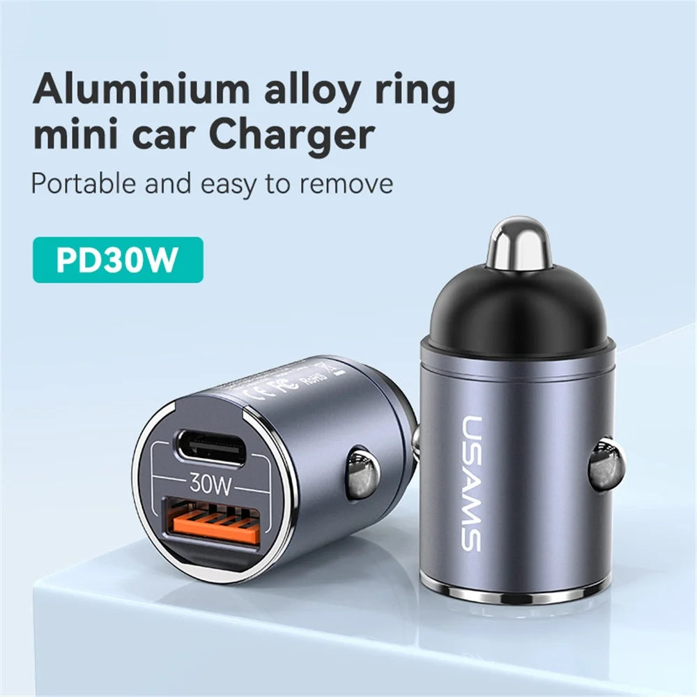 USAMS US-CC206 C38 PD 30W USB A+C Fast Charging Aluminum Alloy Car Charger with Pull Ring - Dark Grey - 3
