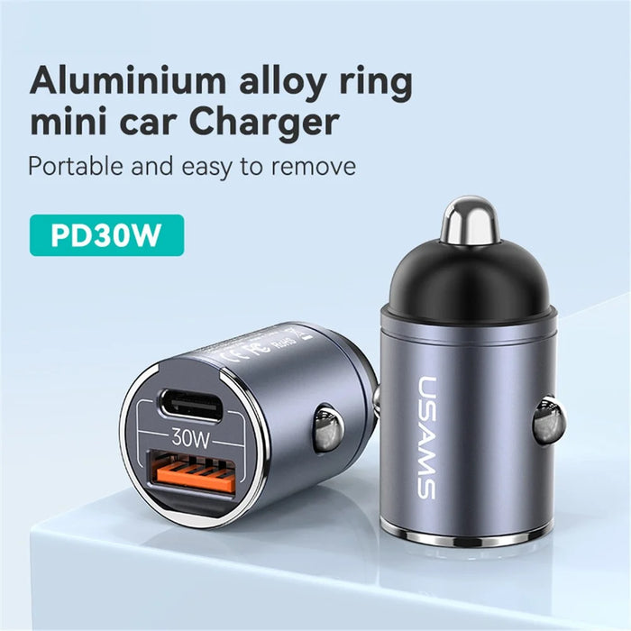 USAMS US-CC206 C38 PD 30W USB A+C Fast Charging Aluminum Alloy Car Charger with Pull Ring - Dark Grey - 3