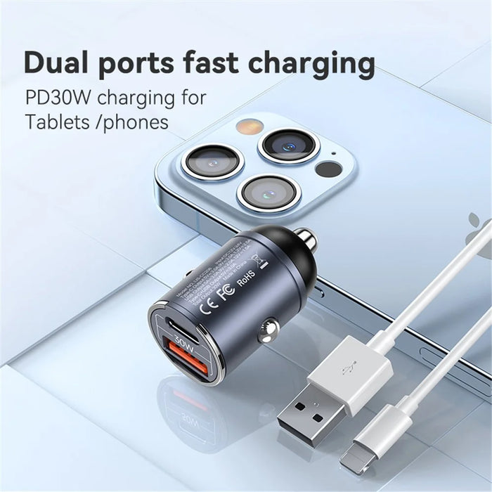 USAMS US-CC206 C38 PD 30W USB A+C Fast Charging Aluminum Alloy Car Charger with Pull Ring - Dark Grey - 4