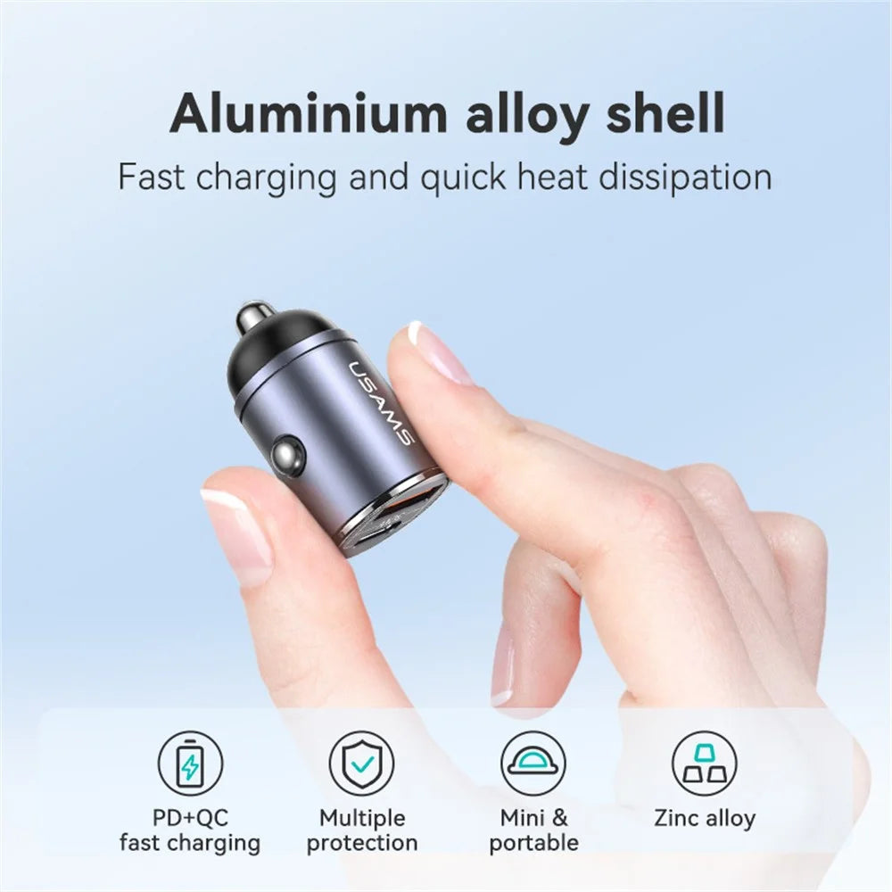 USAMS US-CC206 C38 PD 30W USB A+C Fast Charging Aluminum Alloy Car Charger with Pull Ring - Dark Grey - 5