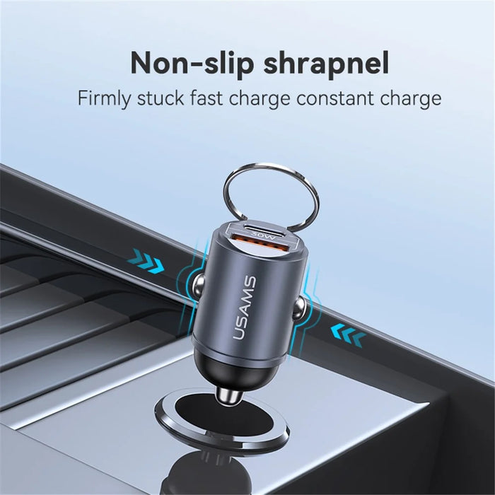 USAMS US-CC206 C38 PD 30W USB A+C Fast Charging Aluminum Alloy Car Charger with Pull Ring - Dark Grey - 7