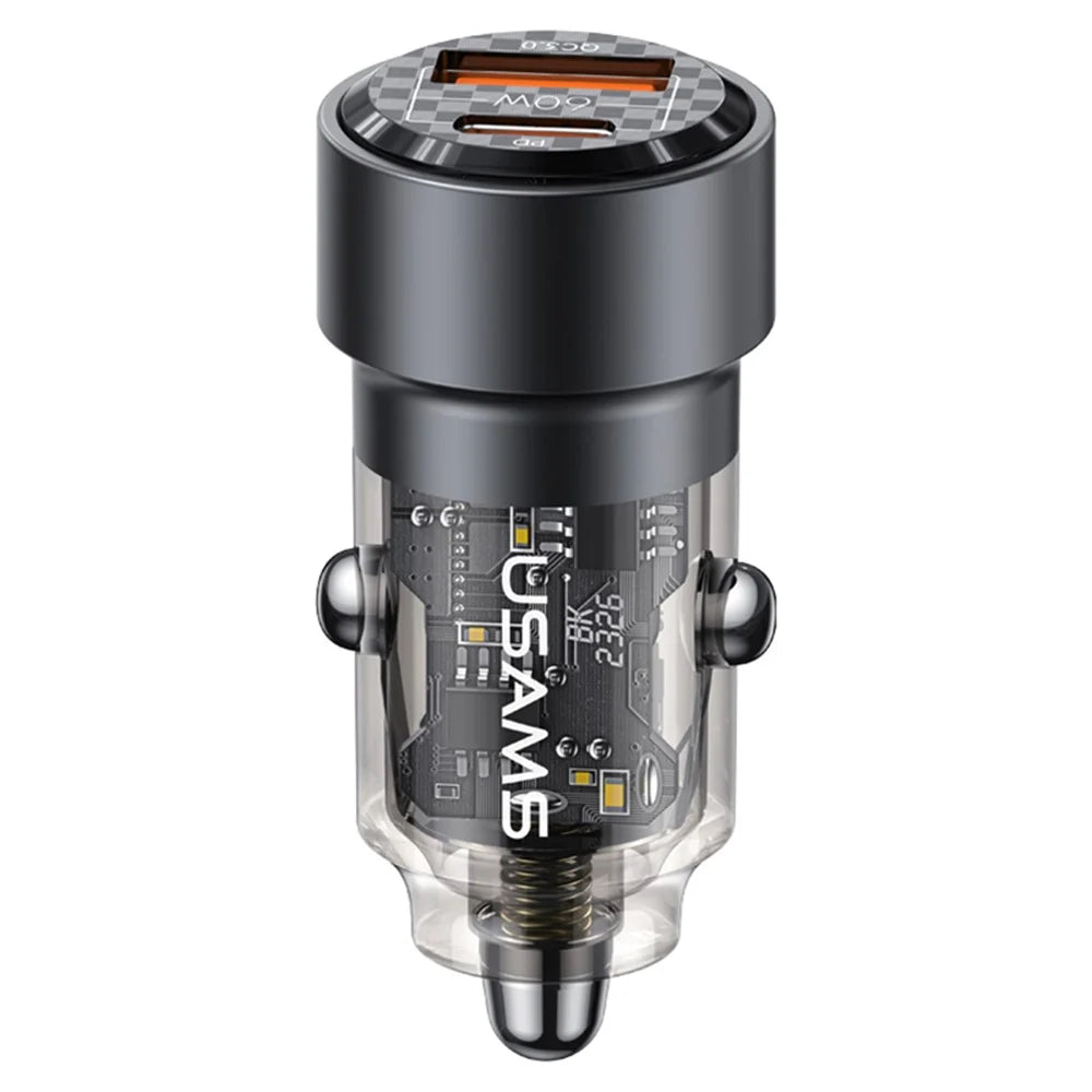 USAMS US-CC208 C39 60W USB+Type-C Fast Charge Adapter PC+Aluminum Alloy Transparent Car Charger - Black - 1