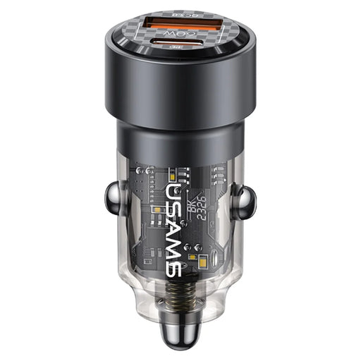 USAMS US-CC208 C39 60W USB+Type-C Fast Charge Adapter PC+Aluminum Alloy Transparent Car Charger - Black - 1