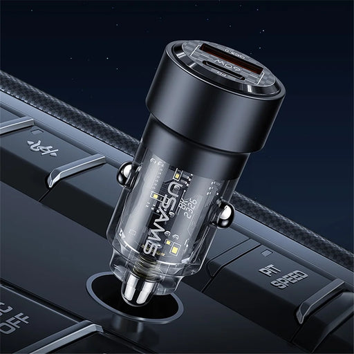 USAMS US-CC208 C39 60W USB+Type-C Fast Charge Adapter PC+Aluminum Alloy Transparent Car Charger - Black - 2