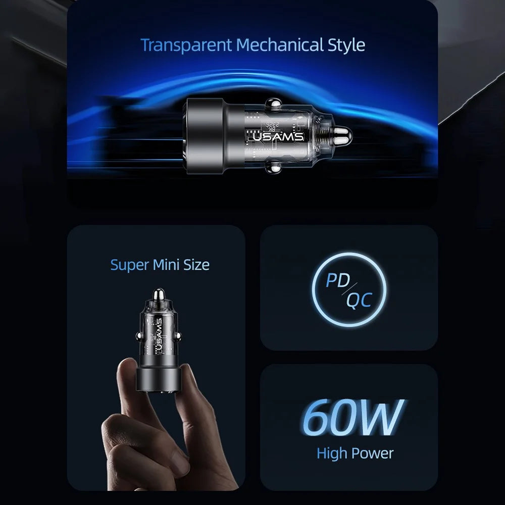 USAMS US-CC208 C39 60W USB+Type-C Fast Charge Adapter PC+Aluminum Alloy Transparent Car Charger - Black - 3