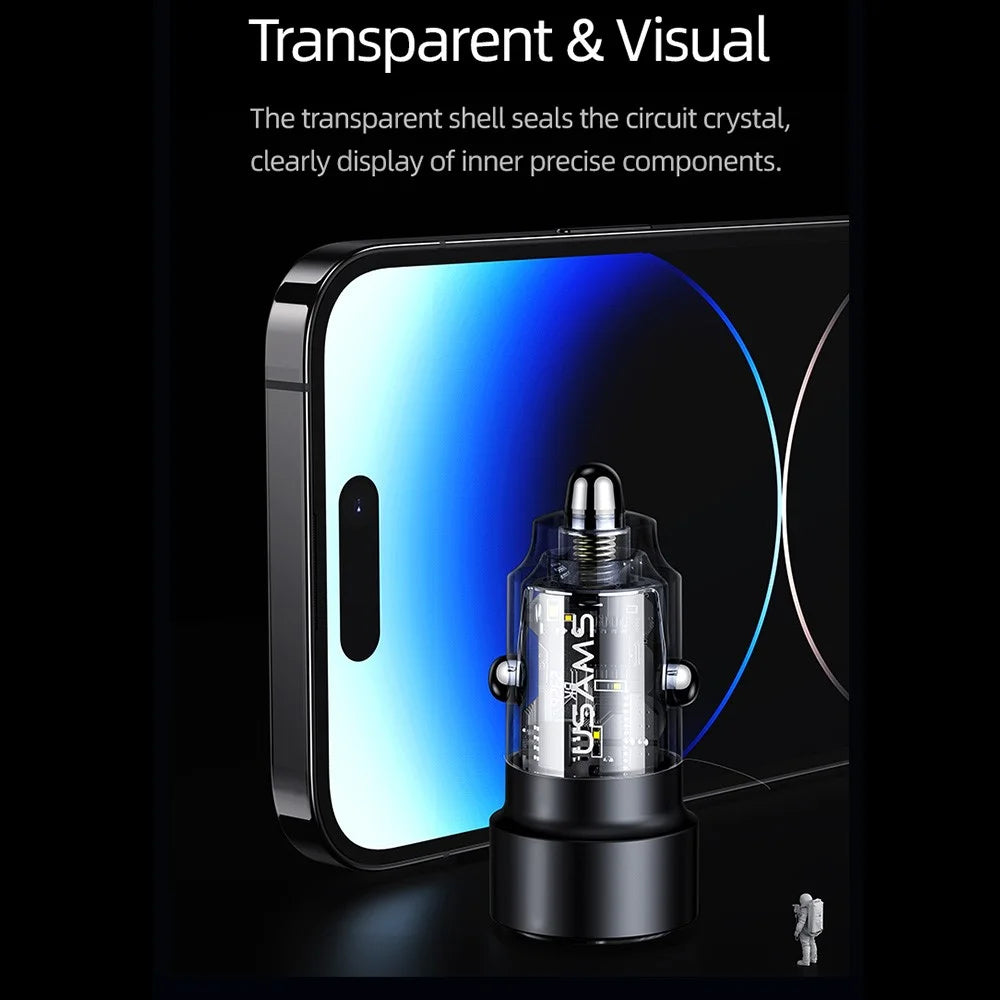 USAMS US-CC208 C39 60W USB+Type-C Fast Charge Adapter PC+Aluminum Alloy Transparent Car Charger - Black - 4