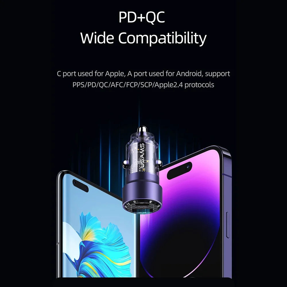 USAMS US-CC208 C39 60W USB+Type-C Fast Charge Adapter PC+Aluminum Alloy Transparent Car Charger - Black - 5