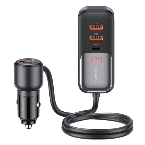 USAMS US-CC213 C40 165W Quick Charging Adapter Digital Display 2*Type-C 3*USB Car Charger with Cable - 1