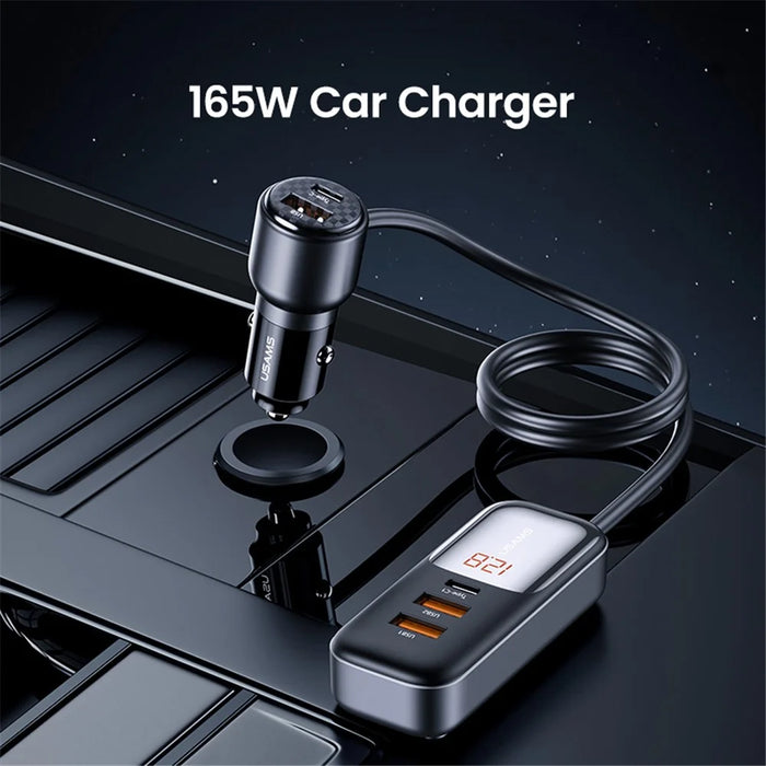 USAMS US-CC213 C40 165W Quick Charging Adapter Digital Display 2*Type-C 3*USB Car Charger with Cable - 4
