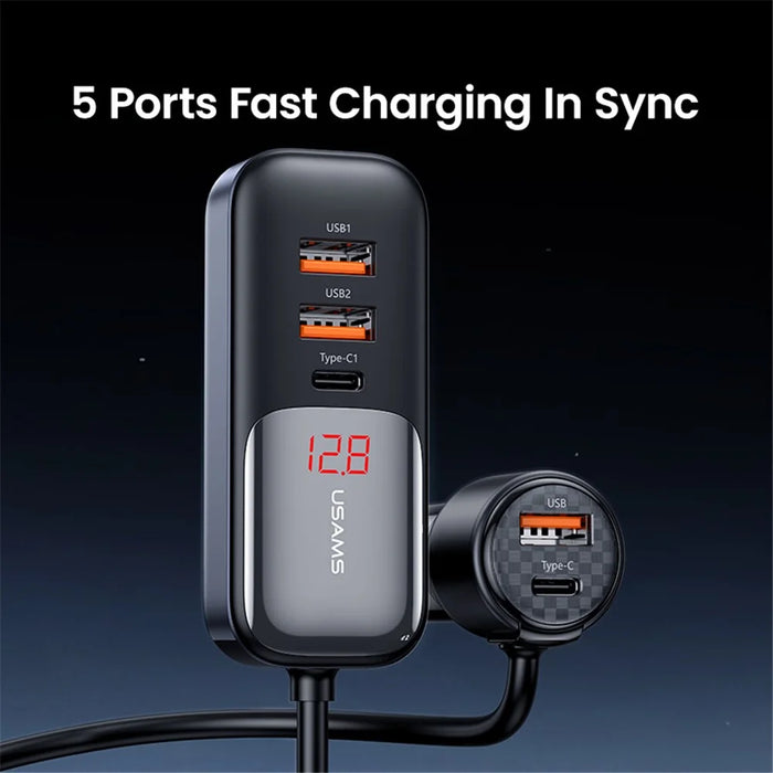 USAMS US-CC213 C40 165W Quick Charging Adapter Digital Display 2*Type-C 3*USB Car Charger with Cable - 5