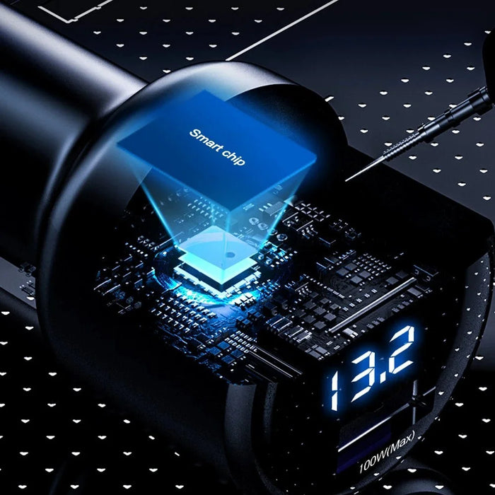 P6J 12V-24V Car Dual 100W USB Fast Phone Charger with iP+Micro+USB-C Cable - 5