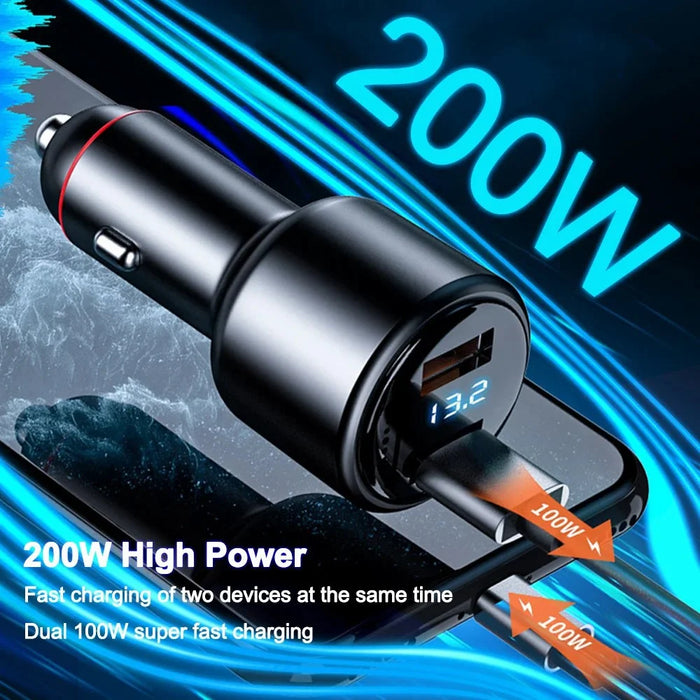 P6J 12V-24V Car Dual 100W USB Fast Phone Charger with iP+Micro+USB-C Cable - 7