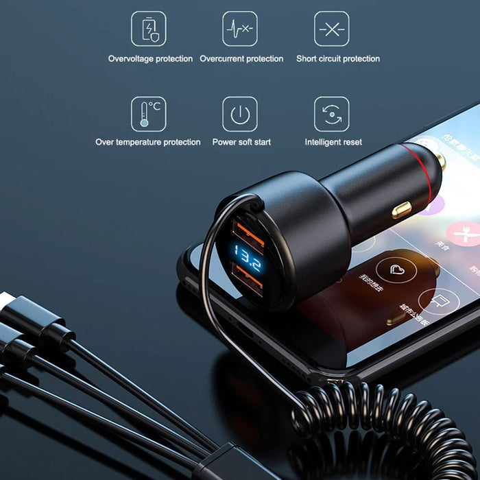 P6X 12V-24V Dual USB Car Cigarette Lighter Fast Phone Charger with iP+Micro+USB-C Cable - 2