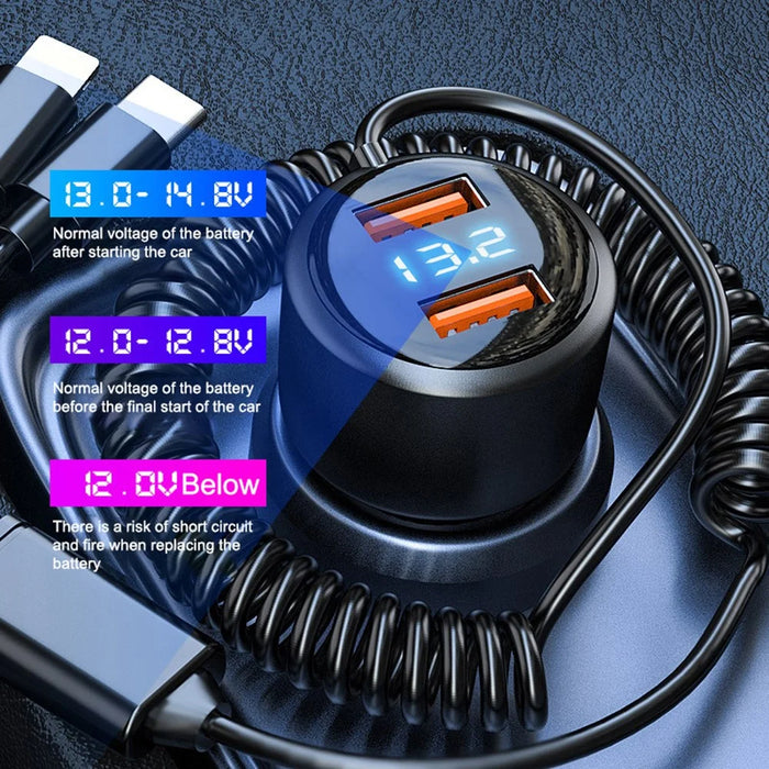P6X 12V-24V Dual USB Car Cigarette Lighter Fast Phone Charger with iP+Micro+USB-C Cable - 5