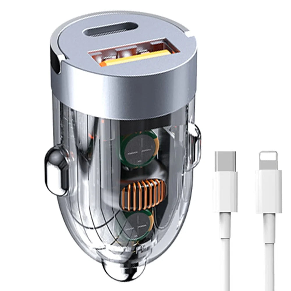 G20T 12-24V 120W USB+Type-C Fast Charging Adapter Clear Car Charger with Type-C to 8Pin Cable - 1