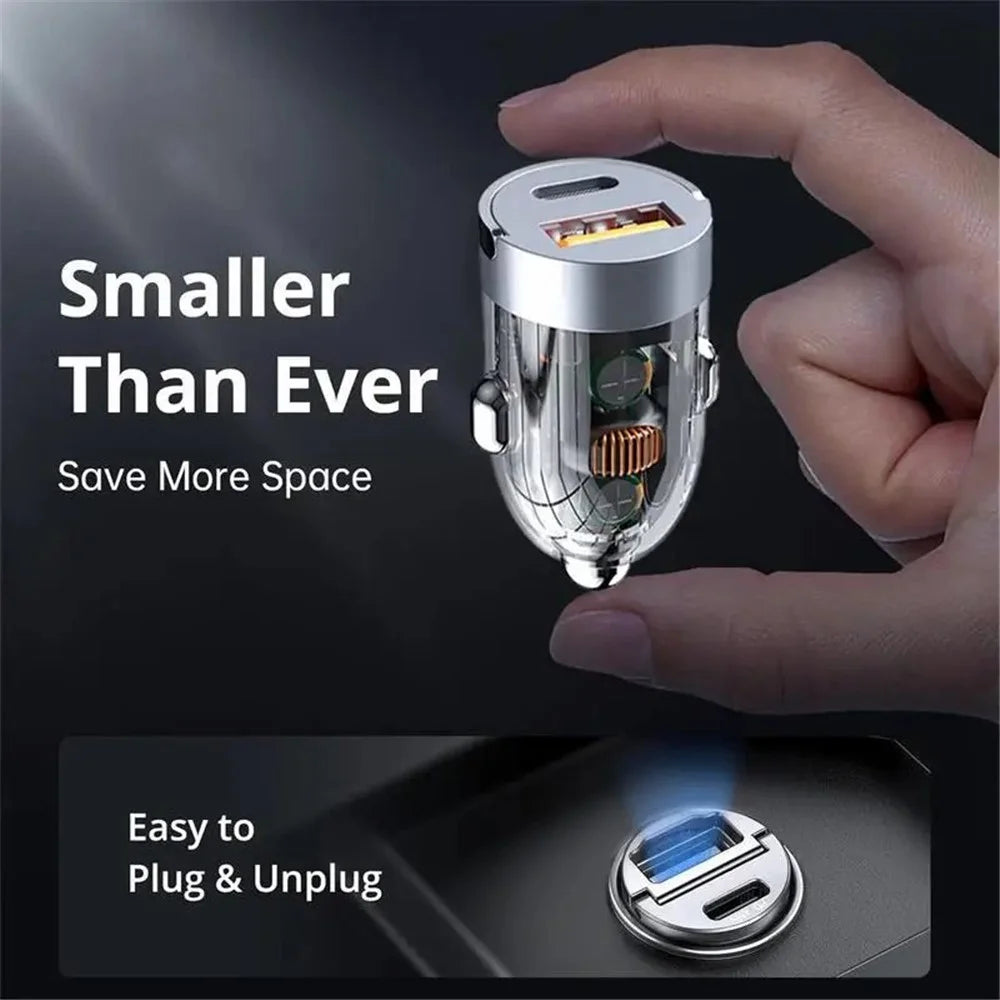 G20T 12-24V 120W USB+Type-C Fast Charging Adapter Clear Car Charger with Type-C to 8Pin Cable - 6