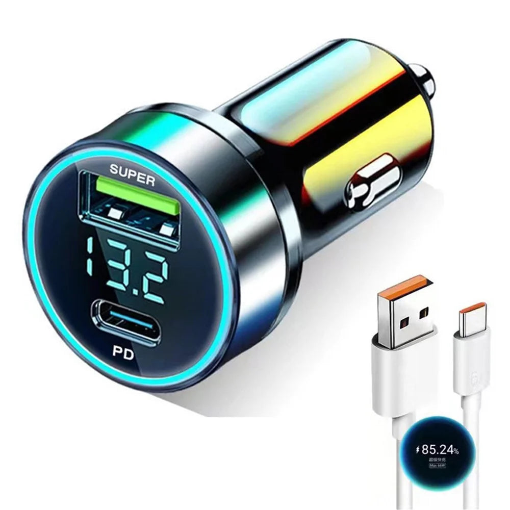 D3-PD Digital Display 120W Car Charger USB+Type-C Charging Adapter with 6A USB to Type-C Cable - 1