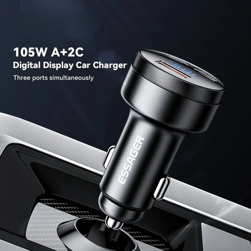 ESSAGER Aluminum Alloy 105W Phone Charger USB+Dual Type-C Car Charger - Black - 2