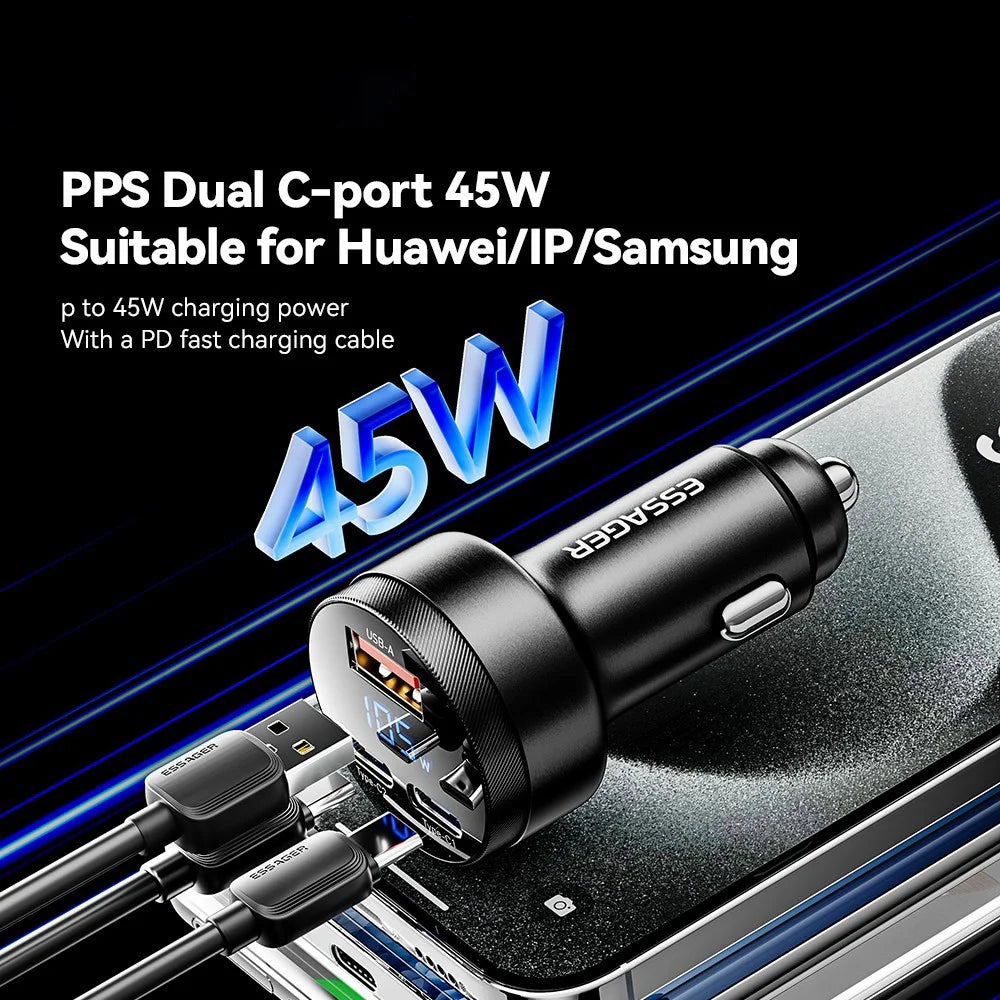 ESSAGER Aluminum Alloy 105W Phone Charger USB+Dual Type-C Car Charger - Black - 3