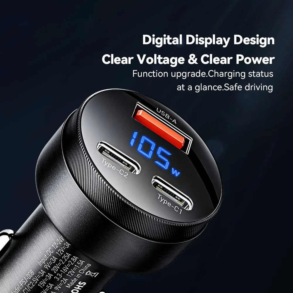 ESSAGER Aluminum Alloy 105W Phone Charger USB+Dual Type-C Car Charger - Black - 4