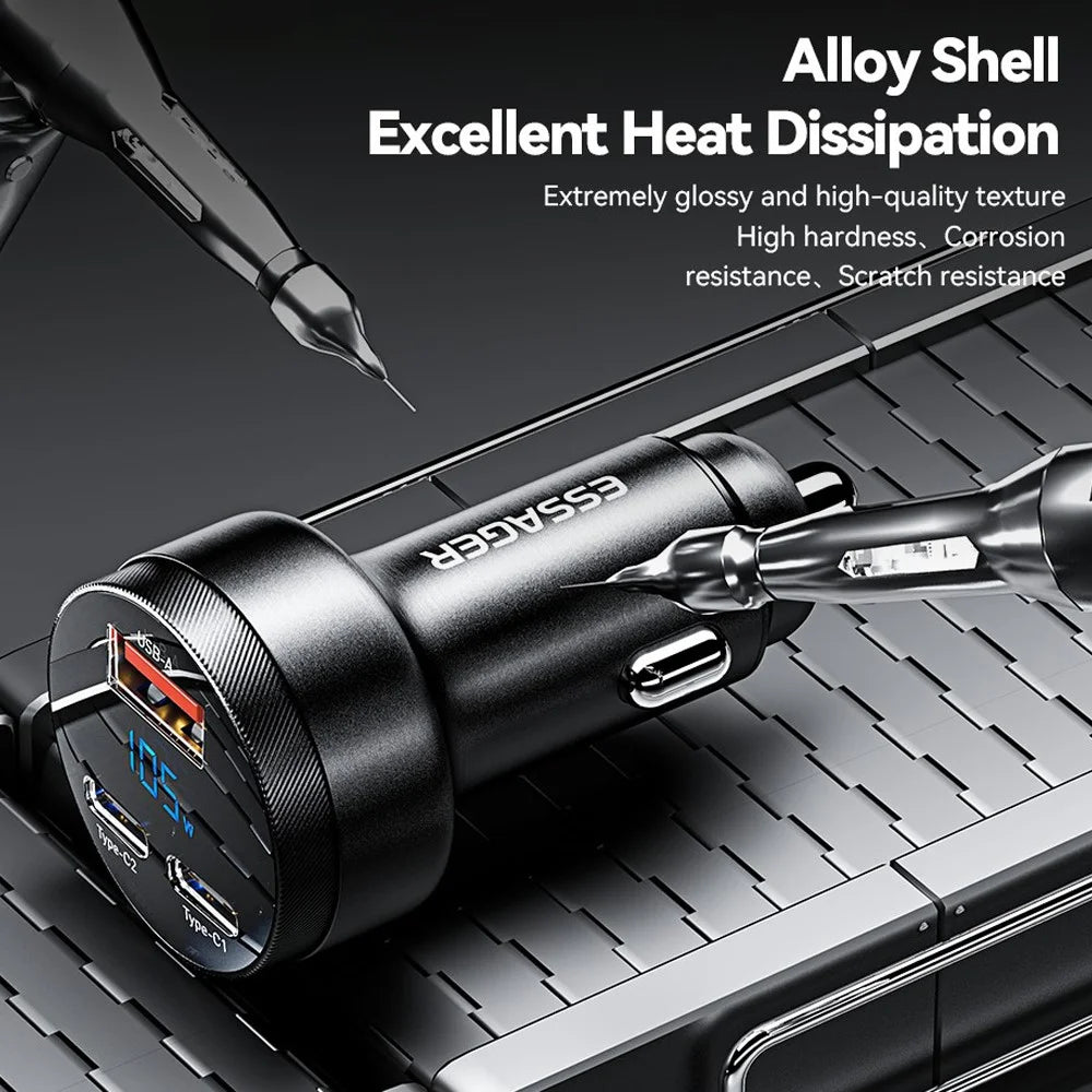 ESSAGER Aluminum Alloy 105W Phone Charger USB+Dual Type-C Car Charger - Black - 6