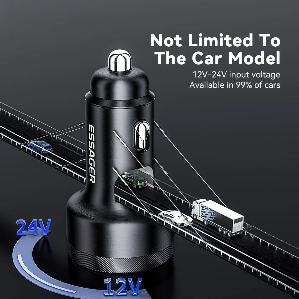 ESSAGER Aluminum Alloy 105W Phone Charger USB+Dual Type-C Car Charger - Black - 7
