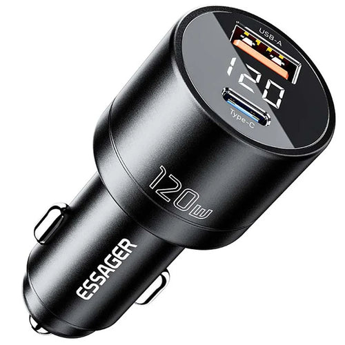 ESSAGER FSJ-009 120W USB+Type-C Aluminum Alloy Adapter Voltage Digital Display Car Charger - Black - 1