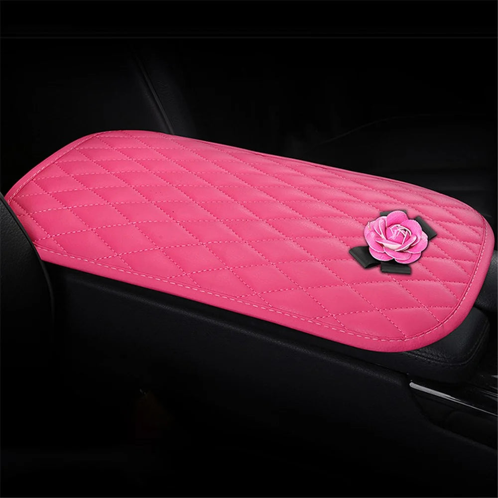 Camellia Design PU Leather Car Armrest Pad Auto Center Armrest Box Decorative Mat - Rose - 1