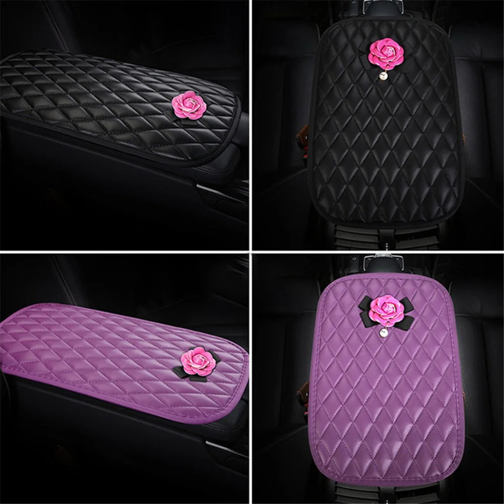Camellia Design PU Leather Car Armrest Pad Auto Center Armrest Box Decorative Mat - Rose - 2