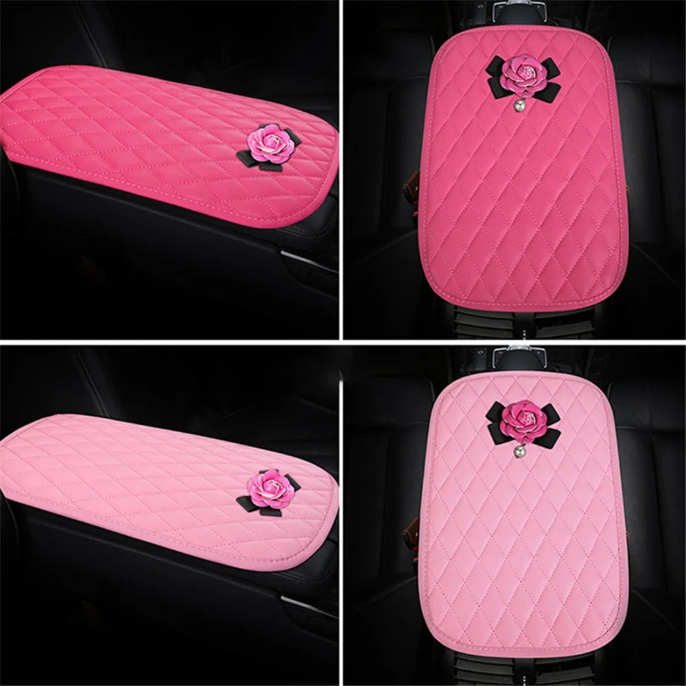 Camellia Design PU Leather Car Armrest Pad Auto Center Armrest Box Decorative Mat - Rose - 3