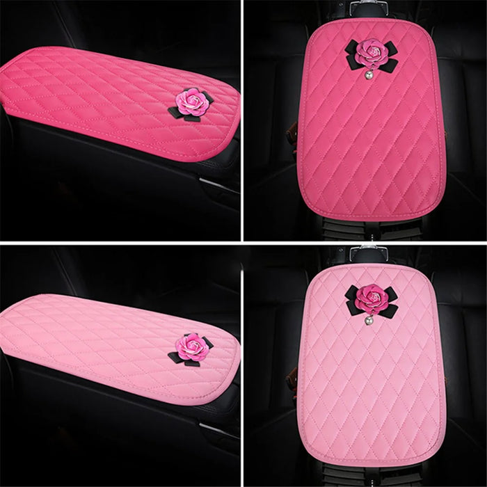 Camellia Design PU Leather Car Armrest Pad Auto Center Armrest Box Decorative Mat - Rose - 3