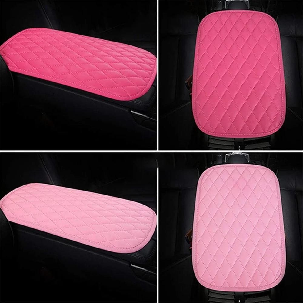 PU Leather Car Armrest Box Cover Pad Auto Center Armrest Box Protective Mat - Pink - 5