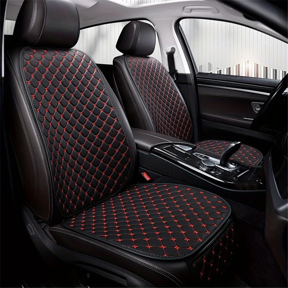 2 Sets Rhombus Embroidered Leather Car Front Seat Cushion + Backrest Pad Set - Black  /  Red - 2