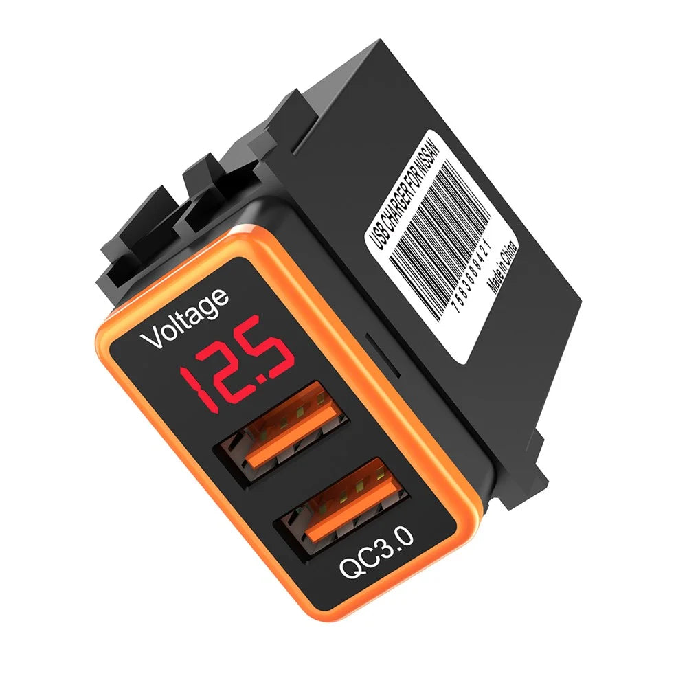 USB QC3.0 Dual Port Voltage Display Car Charger Socket Fast Phone Charging Adapter for Nissan - 1