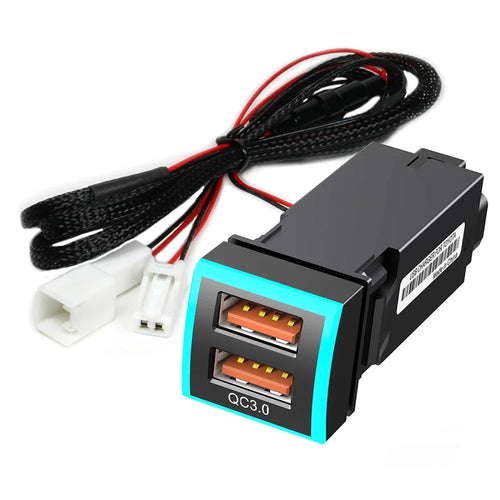 22x22mm QC3.0 Dual USB Port Blue LED Indicator ABS Car Charger Phone Fast Charging Socket Adapter for Toyota (Cigarette Lighter Wiring Connection) - 1