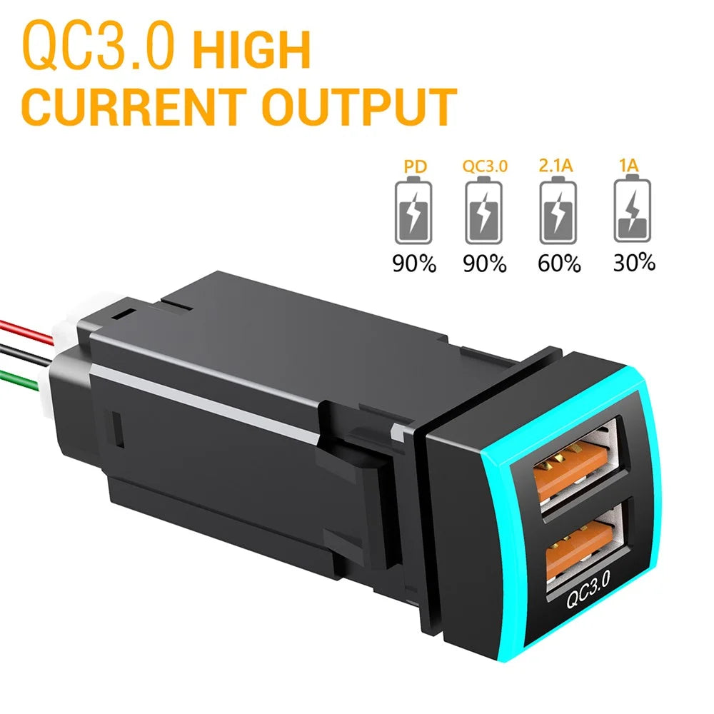 22x22mm QC3.0 Dual USB Port Blue LED Indicator ABS Car Charger Phone Fast Charging Socket Adapter for Toyota (Cigarette Lighter Wiring Connection) - 2