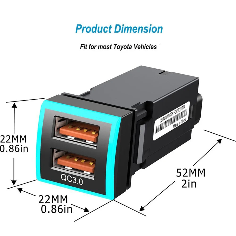 22x22mm QC3.0 Dual USB Port Blue LED Indicator ABS Car Charger Phone Fast Charging Socket Adapter for Toyota (Cigarette Lighter Wiring Connection) - 6
