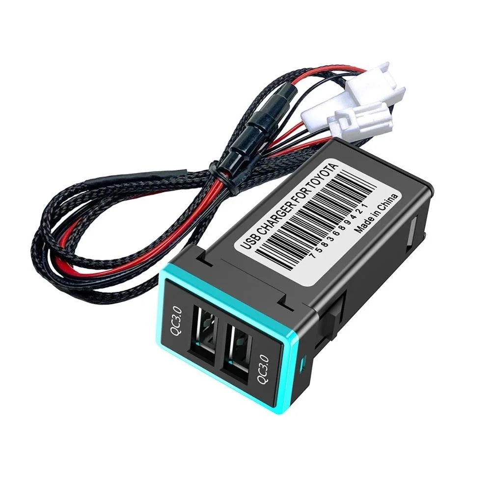 QC3.0 Dual USB Port Blue LED Light Car Charger Socket Adapter Phone Charging Modification Accessory for Toyota (Cigarette Lighter Wiring Connection) - 1